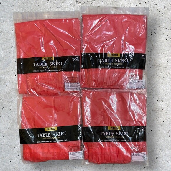 Red TABLE SKIRT, 29" X 14' Pleated Plastic Disposable Waterproof Set Of 4 - Picture 1 of 6